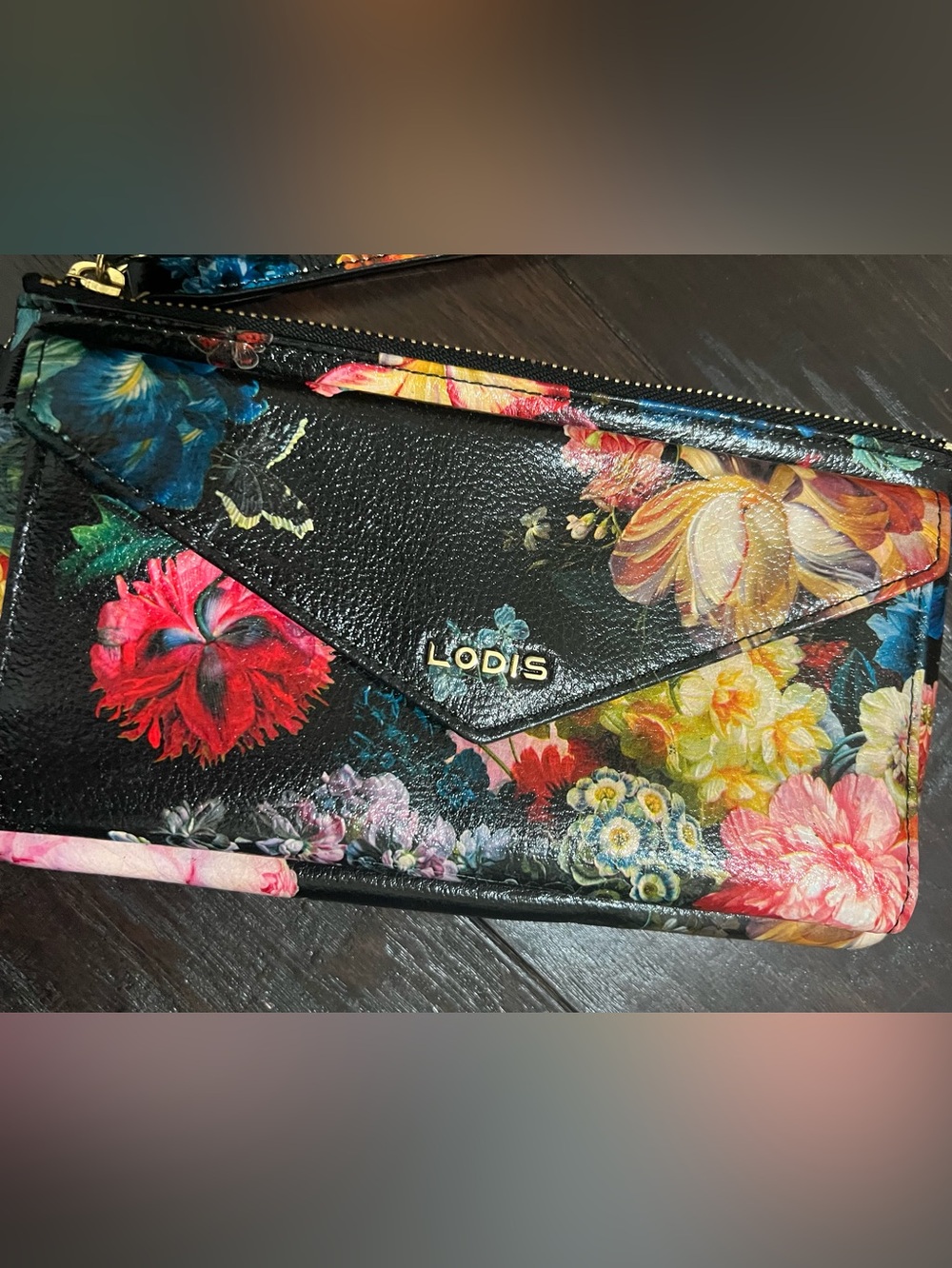 Lodis Los Angeles black floral multi-way wallet / crossbody bag / wristlet EUC